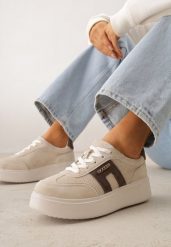 Beżowe Perforowane Sneakersy Chunky ze Skóry Naturalnej na Platformie Silvanatea. Brązowe obuwie sportowe damskie Renee, z jeansu, bez zapięcia. Za 199.99 zł.