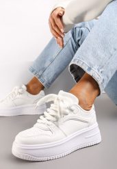 Białe Sneakersy z Cholewką z Licznymi Wstawkami na Grubej Podeszwie Lenarise. Białe obuwie sportowe damskie Renee, z dresówki, bez zapięcia. Za 89.99 zł.