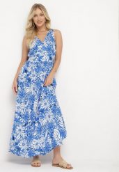 Niebieska Wiskozowa Sukienka z Kopertowym Dekoltem Wiązana na Szyi z Gumką w Talii Vikissai. Niebieskie sukienki damskie Born2be, bez wzorów, z wiskozy, eleganckie, bez ramiączek. W wyprzedaży za 76.49 zł.