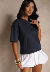 Granatowy Basicowy T-shirt z Bawełny Meranissea. Niebieskie t-shirty damskie Renee, bez wzorów, z bawełny, bez kołnierzyka. Za 69.99 zł.