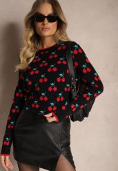 Czarny Casualowy Sweter z Wiskozą Ozdobiony Printem w Wisienki Avattria. Czarne swetry klasyczne damskie Renee, z jeansu, bez kołnierzyka. Za 119.99 zł.