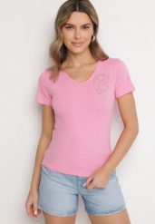 Różowy T-shirt z Bawełny z Cyrkoniowym Wzorem Uliavira. Czerwone t-shirty damskie Born2be, l, z aplikacjami, z bawełny, bez kołnierzyka. Za 34.99 zł.