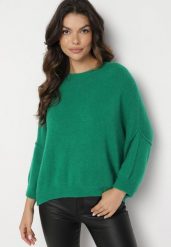 Zielony Sweter z Rękawami 7/8 z Domieszką Wełny Irilliane. Zielone swetry klasyczne damskie Born2be, z jeansu, bez kołnierzyka. Za 169.99 zł.