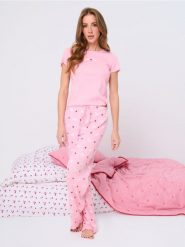 Piżama dwuczęściowa z ozdobnymi falbanami - różowy. Czerwone piżamy damskie Sinsay, bez wzorów, bez ramiączek. Za 59.99 zł.