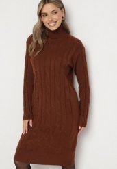 Brązowa Sweterkowa Sukienka z Golfem Wełną i Bawełną Ozdobiona Splotem Reiania. Brązowe sukienki damskie Born2be, bez wzorów, z bawełny, biznesowe, bez ramiączek. Za 79.99 zł.