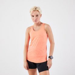 Koszulka do biegania bez rękawów damska Kiprun Run 500 Comfort ze stanikiem. Brązowe koszulki damskie KIPRUN, l, bez wzorów, z materiału, bez kołnierzyka, bez ramiączek. Za 79.99 zł.