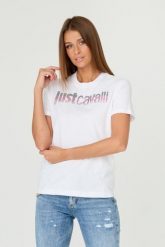 JUST CAVALLI Biały t-shirt R LOGO CRYSTAL. Białe t-shirty damskie Just Cavalli, s, bez wzorów, z bawełny, bez kołnierzyka. W wyprzedaży za 299.99 zł.