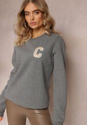 Szara Bluza z Naszywką o Fasonie Zakładanym Przez Głowę Esemia. Szare bluzy damskie Renee, l, z aplikacjami, z dzianiny, bez kaptura. Za 84.99 zł.