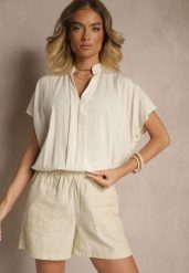 Beżowa Bluzka Oversize z Wiskozą o Kroju Nietoperz z Dekoltem w Serek Davithiel. Brązowe bluzki damskie Renee, bez wzorów, z jeansu, eleganckie, bez kołnierzyka, bez ramiączek. Za 54.99 zł.