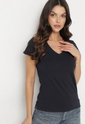 Granatowy T-shirt z Bawełny z Dekoltem w Serek Liniviela. Niebieskie t-shirty damskie Born2be, l, bez wzorów, z bawełny, bez kołnierzyka. Za 39.99 zł.