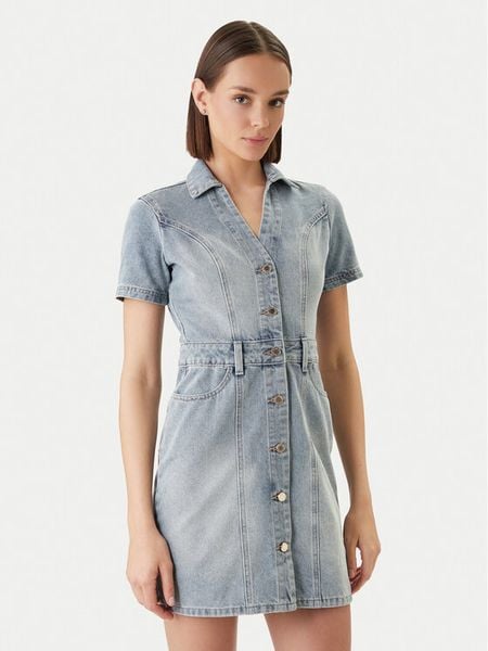 Morgan Sukienka jeansowa 241-ROGLA Błękitny Regular Fit. Niebieskie sukienki damskie Morgan, bez wzorów, z jeansu, bez ramiączek. Za 369.99 zł.