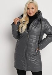 Szara Kurtka Pikowana z Troczkami przy Kapturze Olenelle. Szare kurtki damskie Born2be, l, bez wzorów, z materiału, bez kaptura. Za 259.99 zł.