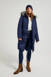 Zimowa pikowana kurtka granatowa. Kurtki damskie MOODO, na zimę, l, bez wzorów, z poliesteru, bez kaptura. W wyprzedaży za 159.99 zł.