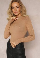 Ciemnobeżowy Sweter Golf z Cyrkoniami z Przodu Jacque. Brązowe golfy damskie Renee, s, bez wzorów, bez ramiączek. Za 54.99 zł.