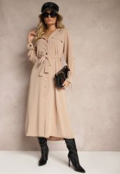 Beżowa Sukienka o Koszulowym Kroju z Rękawami z Możliwością Podpięcia i Wiązanym Paskiem Ivalorae. Brązowe sukienki damskie Renee, bez wzorów, eleganckie, bez ramiączek. W wyprzedaży za 83.99 zł.