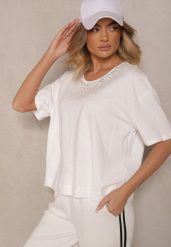 Biały T-shirt z Bawełny z Cyrkoniami Fadeola. Białe t-shirty damskie Renee, l, bez wzorów, z bawełny, bez kołnierzyka. Za 39.99 zł.