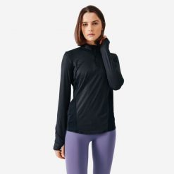 Bluza do biegania damska Kiprun Run 100 Dry. Czarne bluzy damskie KIPRUN, m, bez wzorów, z bawełny, bez kaptura. W wyprzedaży za 59.99 zł.
