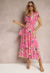 Różowa Kopertowa Sukienka w Kwiaty z Gumką w Talii Nobbia. Czerwone sukienki damskie Renee, bez wzorów, z bawełny, bez ramiączek. W wyprzedaży za 55.99 zł.