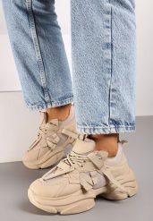 Ciemnobeżowe Sneakersy na Platformie z Grubymi Sznurówkami i Przeszyciami Wladisa. Brązowe obuwie sportowe damskie Renee, z jeansu, bez zapięcia. Za 79.99 zł.