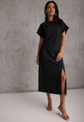 Czarna Rozkloszowana Sukienka Zdobiona Drapowaniem w Talii i Rozcięciem Uziola. Czarne sukienki damskie Renee, z aplikacjami, bez ramiączek. Za 89.99 zł.