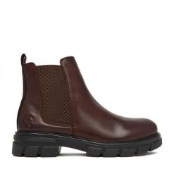 Botki Rieker. Brązowe botki damskie Rieker, bez obcasa, na płaskiej podeszwie, bez zapięcia. Za 419.99 zł.
