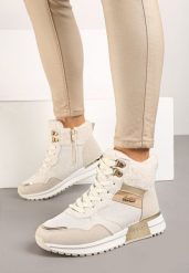 Beżowe Sneakersy Zdobione Metaliczną Aplikacją Brokatem i Futrem Saliriel. Brązowe obuwie sportowe damskie Renee, z jeansu, bez zapięcia, trekkingowe. Za 119.99 zł.