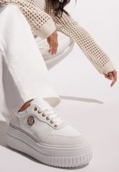 Białe Sneakersy Vices na Platformie z Tłoczeniem Ozdobione Metaliczną Aplikacją Eriri. Białe obuwie sportowe damskie Renee, z jeansu, bez zapięcia. Za 89.99 zł.