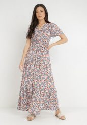 Niebiesko-Pomarańczowa Sukienka z Wiskozy Cirukas. Niebieskie sukienki damskie Born2be, bez wzorów, z materiału, klasyczne, bez ramiączek. Za 129.99 zł.