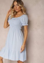Jasnoniebieska Bawełniana Sukienka o Rozkloszowanym Kroju z Gumką przy Dekolcie Moridia. Niebieskie sukienki damskie Renee, bez wzorów, z bawełny, eleganckie, bez ramiączek. W wyprzedaży za 39.99 zł.