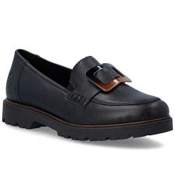 Półbuty damskie lordsy czarne Rieker 45553-00. Czarne półbuty damskie Rieker, bez wzorów, ze skóry ekologicznej, bez obcasa, bez zapięcia. Za 369.00 zł.