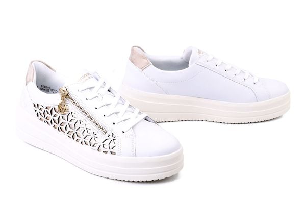 RIEKER REMONTE D1C11-80 white combination, półbuty damskie. Białe półbuty damskie Rieker Remonte, bez wzorów, ze skóry, bez obcasa, bez zapięcia. Za 419.90 zł.