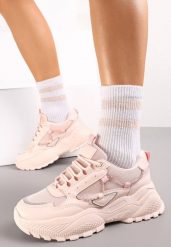 Różowe Sneakersy na Tłoczonej Podeszwie Zdobione Sznurkiem Wokół Pellesti. Czerwone obuwie sportowe damskie Renee, bez zapięcia. Za 69.99 zł.