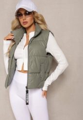 Ciemnozielona Kamizelka z Wysokim Kołnierzem i Suwakiem z Ozdobą Aklaria. Zielone kamizelki damskie Renee, xl, z aplikacjami, bez kaptura. Za 49.99 zł.