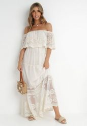 Beżowa Sukienka Masika. Brązowe sukienki damskie Born2be, z aplikacjami, boho, bez ramiączek. W wyprzedaży za 135.99 zł.