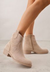 Ciemnobeżowe Ażurowe Botki na Słupku Typu Kowbojki Iolerine. Brązowe botki damskie Renee, z jeansu, bez obcasa, na płaskiej podeszwie, bez zapięcia. Za 129.99 zł.