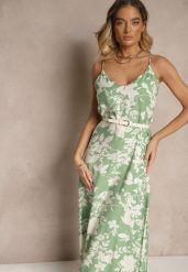 Zielono-Kremowa Sukienka z Wiskozą o Rozkloszowanym Kroju w Kwiaty Thirimi. Zielone sukienki damskie Renee, bez wzorów, z wiskozy, eleganckie, bez ramiączek. W wyprzedaży za 55.99 zł.