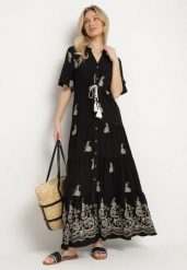 Czarna Wiskozowa Sukienka Boho o Rozkloszowanym Kroju z Haftem i Wiązaniem Lilvanis. Czarne sukienki damskie Born2be, bez wzorów, z jeansu, boho, bez ramiączek. W wyprzedaży za 135.99 zł.
