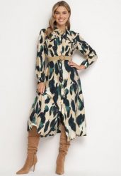 Zielono-Beżowa Koszulowa Sukienka Rozkloszowana w Abstrakcyjny Wzór z Plecionym Paskiem Miririda. Zielone sukienki damskie Born2be, z aplikacjami, z jeansu, eleganckie, bez ramiączek. W wyprzedaży za 101.99 zł.