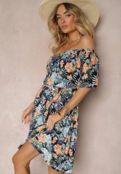 Granatowa Sukienka z Bawełny w Kwiatowy Print Dimizama. Niebieskie sukienki damskie Renee, bez wzorów, z bawełny, eleganckie, bez ramiączek. W wyprzedaży za 39.99 zł.