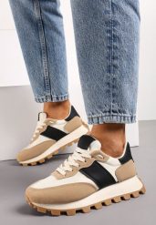 Beżowo-Czarne Sneakersy z Ekoskóry z Przeszyciami na Podeszwie z Protektorem Pomadia. Brązowe obuwie sportowe damskie Born2be, bez zapięcia. Za 99.99 zł.