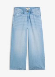 Lekkie jeansy z szerokimi nogawkami, średnim stanem i wygodnym pasem. Niebieskie jeansy damskie bonprix. Za 114.99 zł.