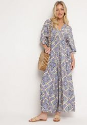 Niebieski Kombinezon Boho z Gumką w Talii Wiązany na Plecach z Szerokimi Nogawkami Rodolia. Niebieskie sukienki damskie Born2be, bez wzorów, boho, bez ramiączek. Za 119.99 zł.