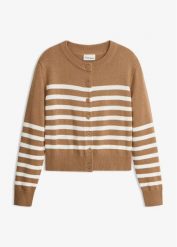 Sweter rozpinany o skróconej długości, z mieszanki bawełny. Brązowe kardigany damskie bonprix, bez wzorów, z bawełny. Za 109.99 zł.
