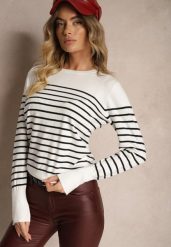 Biały Sweter z Wiskozą Bawełną z Nitami w Paski Vitita. Białe swetry klasyczne damskie Renee, m, z bawełny, bez kołnierzyka. Za 69.99 zł.