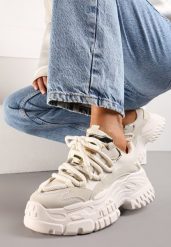 Ciemnobeżowe Sneakersy z Podwójnymi Sznurówkami i Tłoczoną Platformą Luppoa. Brązowe obuwie sportowe damskie Renee, z dzianiny, bez zapięcia. Za 119.99 zł.