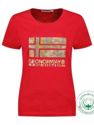 Geographical Norway Koszulka "Jwild" w kolorze czerwonym rozmiar: M. Czerwone bluzki damskie Geographical Norway, m, bez wzorów, z bawełny, bez kołnierzyka, bez ramiączek. Za 52.67 zł.
