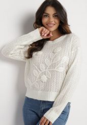 Jasnobeżowy Sweter z Wełną i Kwiatowymi Aplikacjami Saivin. Brązowe swetry klasyczne damskie Born2be, m, z jeansu, bez kołnierzyka. Za 149.99 zł.