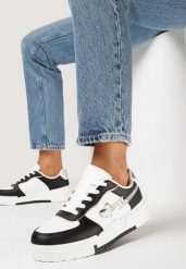 Czarno-Białe Sneakersy na Grubej Podeszwie z Ozdobnymi Wstawkami i Sercem Wellesa. Czarne obuwie sportowe damskie Born2be, bez zapięcia. Za 109.99 zł.
