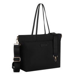Czarna, duża shopperka damska z nylonu, mieszcząca format A4 i zamykana klipsem magnetycznym Peterson PTN JN-10. Czarne torebki klasyczne damskie Peterson, z nylonu, do ręki, duże, bez dodatków. Za 119.99 zł.
