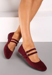 Bordowe Balerinki o Kwadratowym Nosku z Paskami i Eleganckimi Klamerkami Nailan. Czerwone balerinki damskie Renee, z aplikacjami, z jedwabiu. Za 49.99 zł.